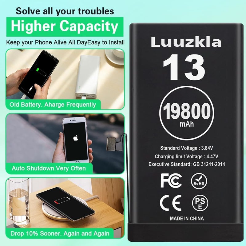 Luuzkla بطارية بسعة 19800mAh (ترقية جديدة 2025) متوافقة مع آيفون 13، بطارية بسعة فائقة متوافقة مع آيفون 13، مع مجموعة أدوات كاملة - 0 دورة سعة عالية - خدمة لمدة 24 شهرًا - Image 3